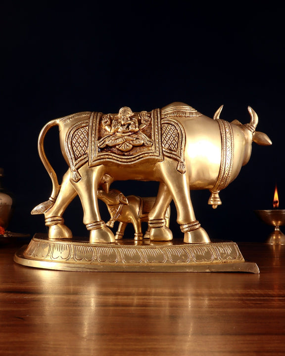 Pure Brass Kamdhenu Cow with Calf – 8” x 12” x 6.5” - Budhshiv.com