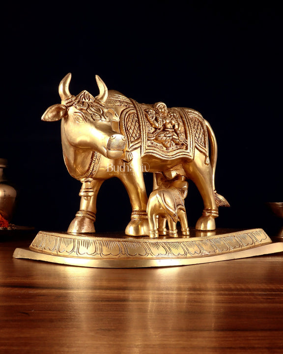 Pure Brass Kamdhenu Cow with Calf – 8” x 12” x 6.5” - Budhshiv.com