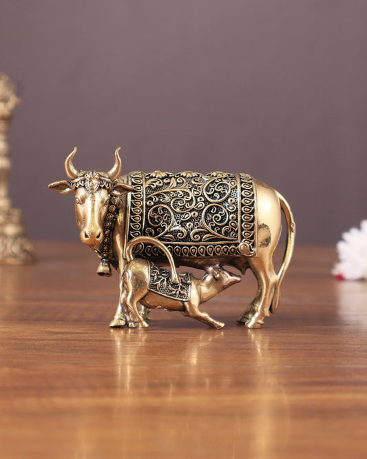 Pure Brass Kamdhenu Cow with Calf Idol - 3" - Budhshiv.com