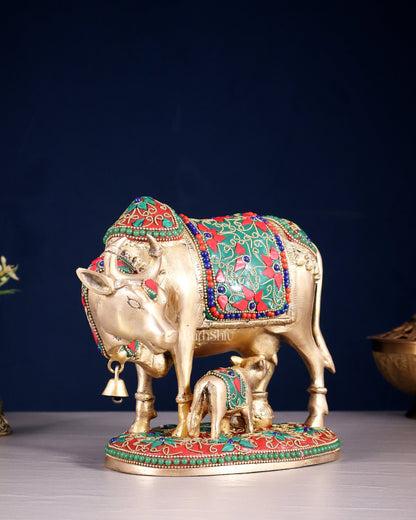 Pure Brass Kamdhenu Cow with Calf Idol – 8" floral stonework - Budhshiv.com