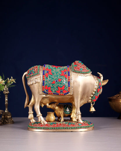 Pure Brass Kamdhenu Cow with Calf Idol – 8" floral stonework - Budhshiv.com