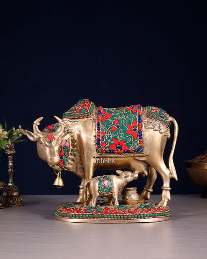 Pure Brass Kamdhenu Cow with Calf Idol – 8" floral stonework - Budhshiv.com