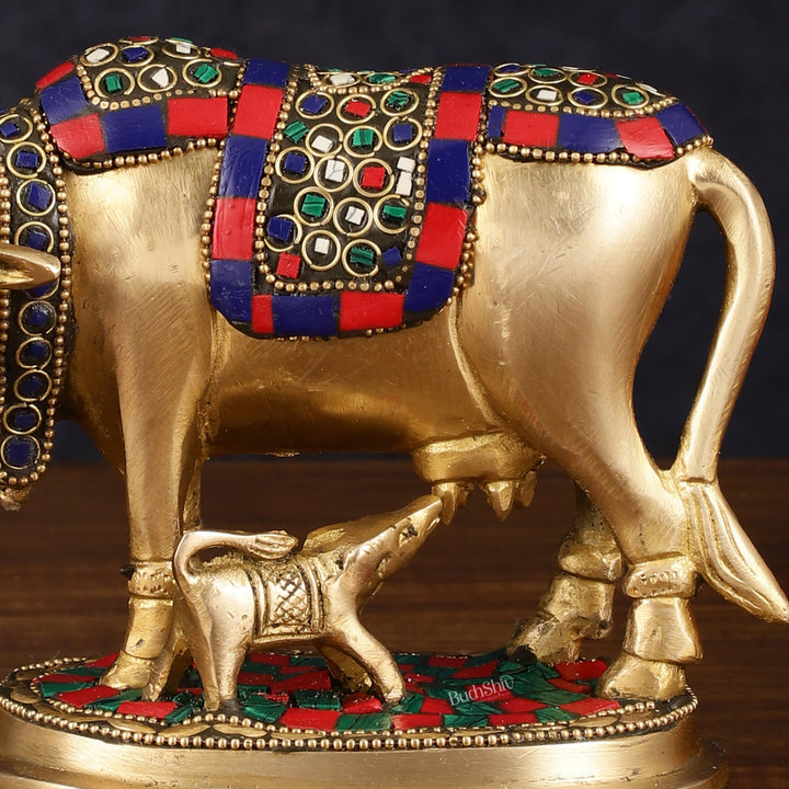 Pure Brass Kamdhenu Cow with Calf Idol - Meenakari Stonework, 4.5 Inch Height, - Budhshiv.com