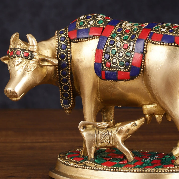 Pure Brass Kamdhenu Cow with Calf Idol - Meenakari Stonework, 4.5 Inch Height, - Budhshiv.com
