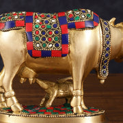 Pure Brass Kamdhenu Cow with Calf Idol - Meenakari Stonework, 4.5 Inch Height, - Budhshiv.com