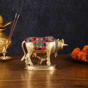 Pure Brass Kamdhenu Cow with Calf Idol - Meenakari Stonework, 4.5 Inch Height, - Budhshiv.com