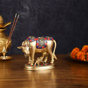 Pure Brass Kamdhenu Cow with Calf Idol - Meenakari Stonework, 4.5 Inch Height, - Budhshiv.com