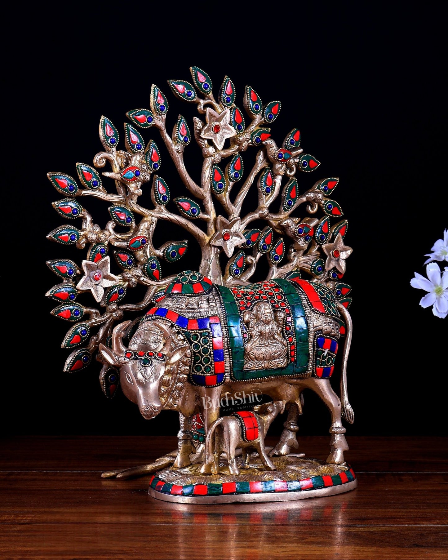 Pure Brass Kamdhenu Cow with Calf & Kalpavriksha Tree Combo (Stonework) 13 inch - Budhshiv.com