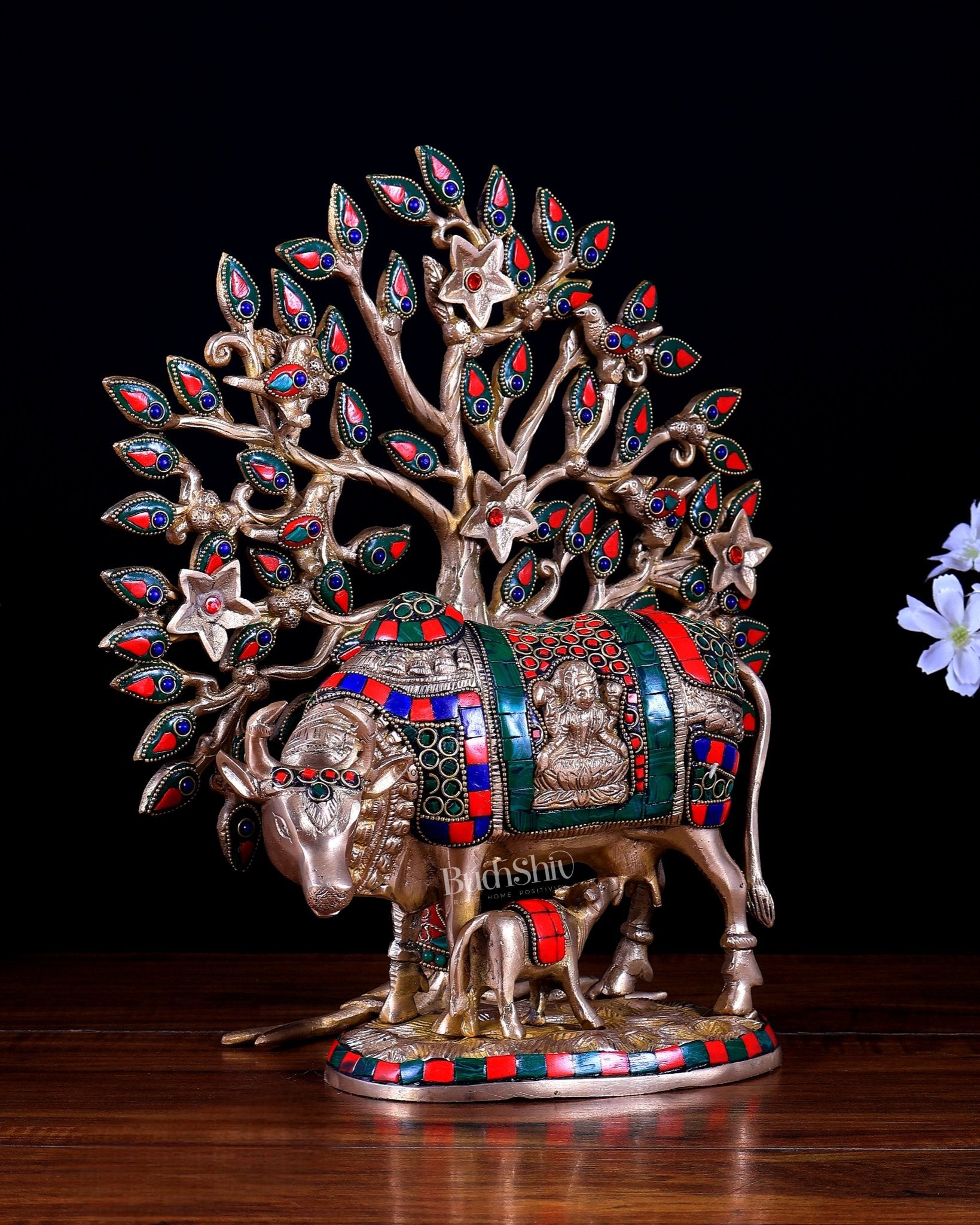 Pure Brass Kamdhenu Cow with Calf & Kalpavriksha Tree Combo (Stonework) 13 inch - Budhshiv.com
