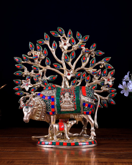 Pure Brass Kamdhenu Cow with Calf & Kalpavriksha Tree Combo (Stonework) 13 inch - Budhshiv.com
