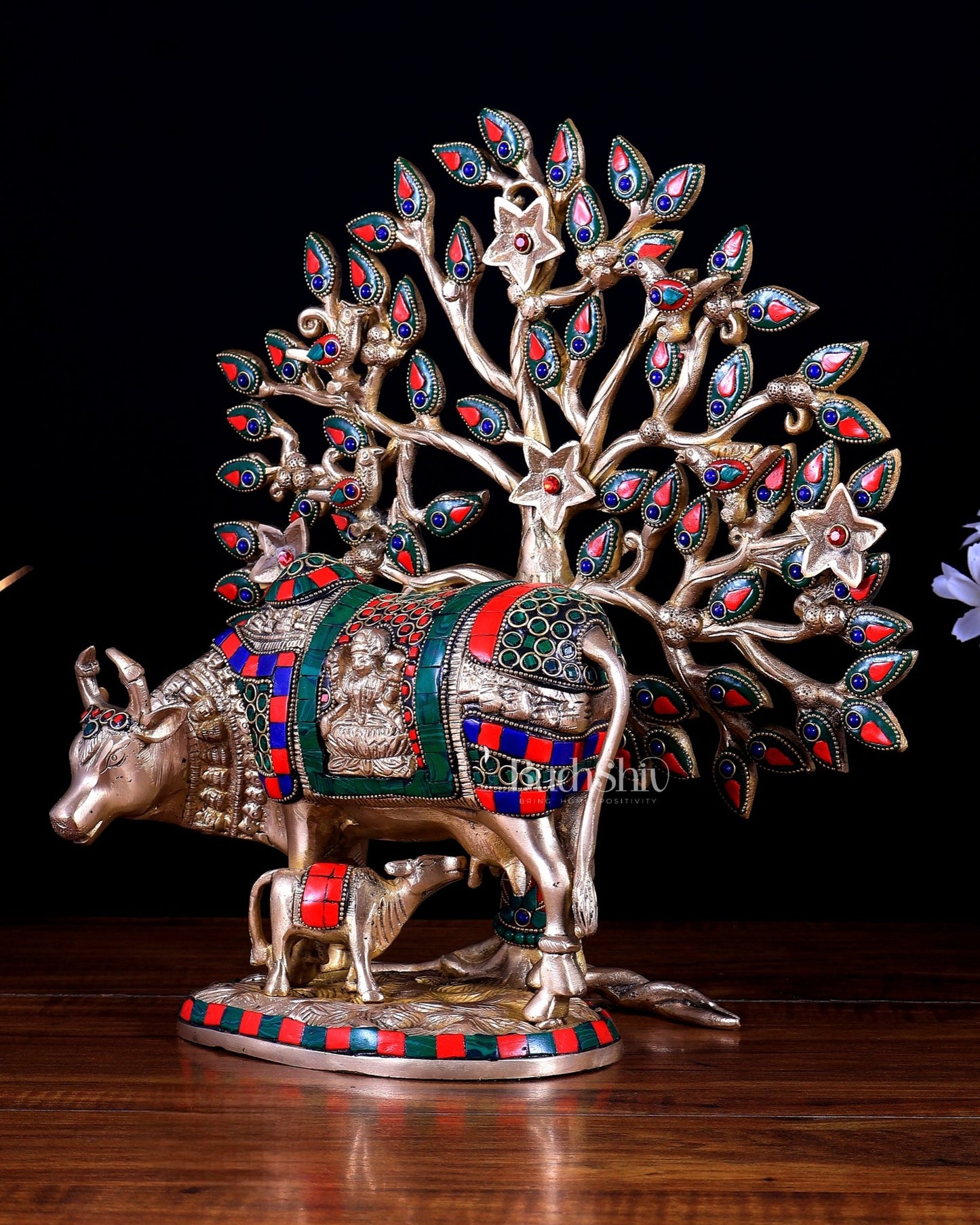 Pure Brass Kamdhenu Cow with Calf & Kalpavriksha Tree Combo (Stonework) 13 inch - Budhshiv.com