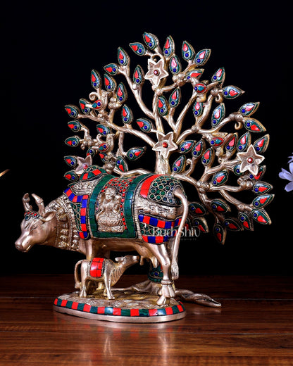 Pure Brass Kamdhenu Cow with Calf & Kalpavriksha Tree Combo (Stonework) 13 inch - Budhshiv.com