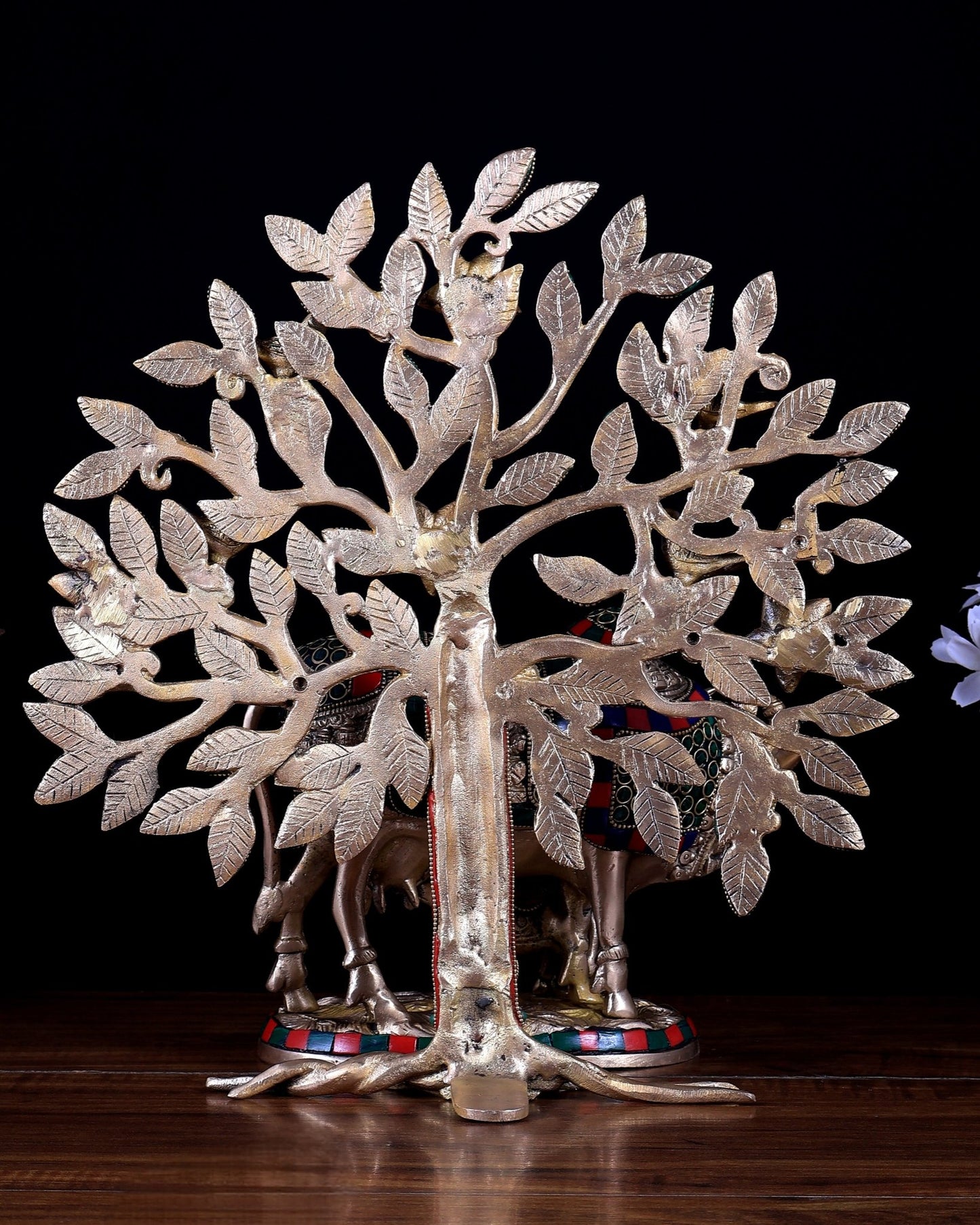 Pure Brass Kamdhenu Cow with Calf & Kalpavriksha Tree Combo (Stonework) 13 inch - Budhshiv.com