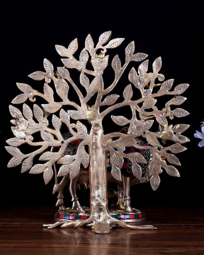 Pure Brass Kamdhenu Cow with Calf & Kalpavriksha Tree Combo (Stonework) 13 inch - Budhshiv.com
