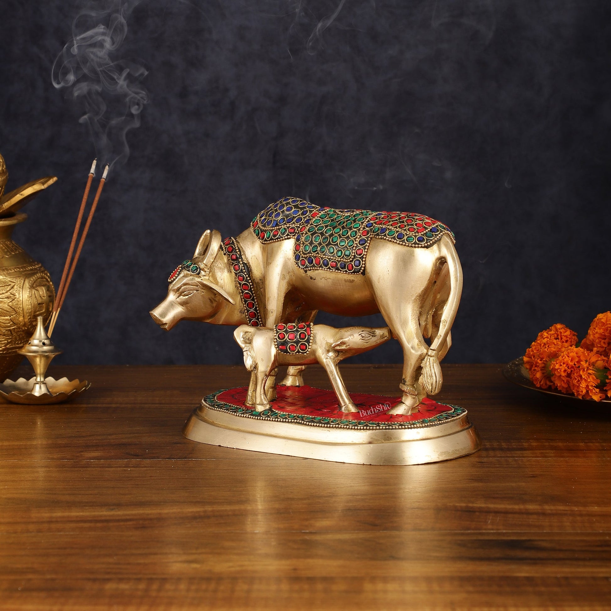 Pure Brass Kamdhenu Cow with Calf Statue - Meenakari Stonework, 8" - Budhshiv.com