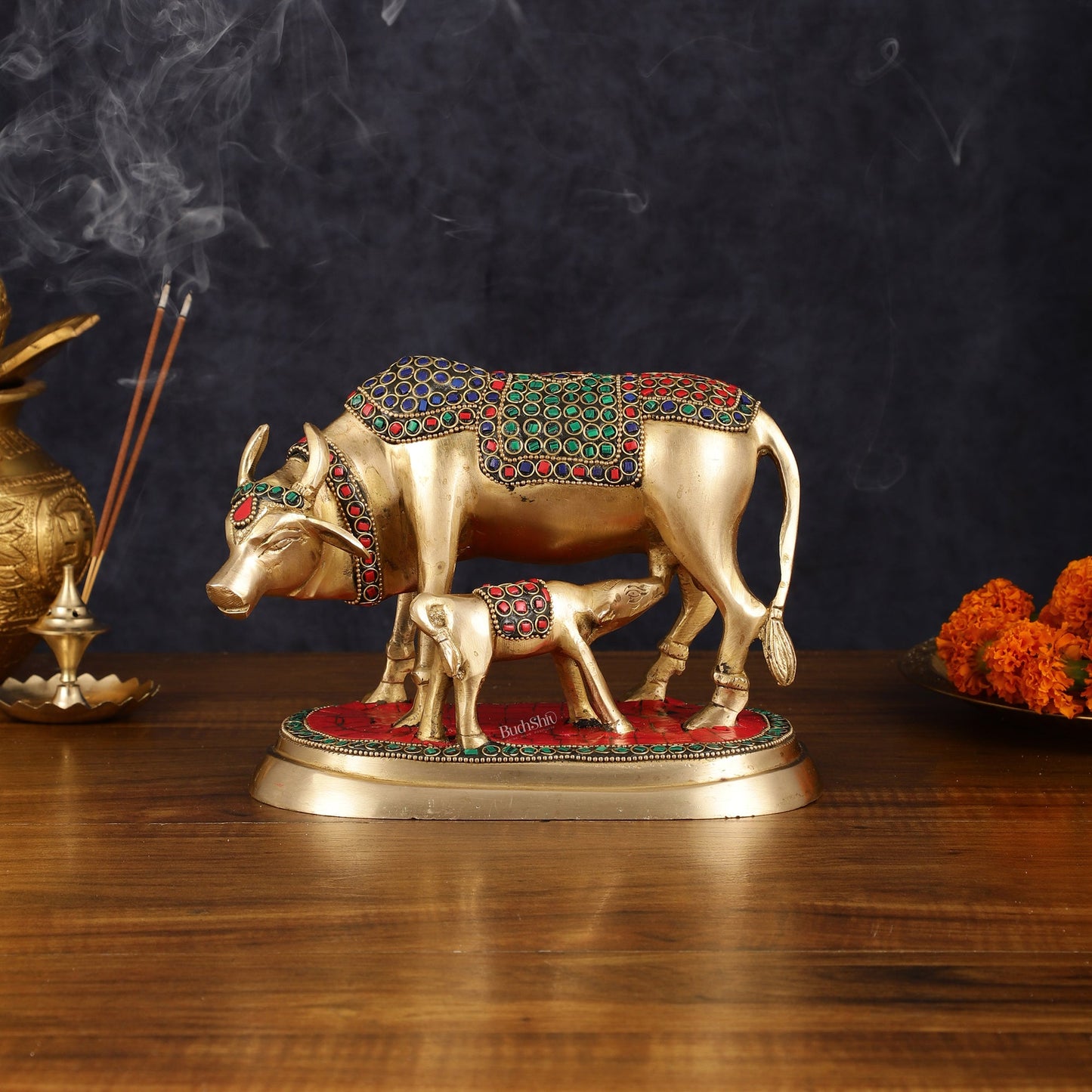 Pure Brass Kamdhenu Cow with Calf Statue - Meenakari Stonework, 8" - Budhshiv.com