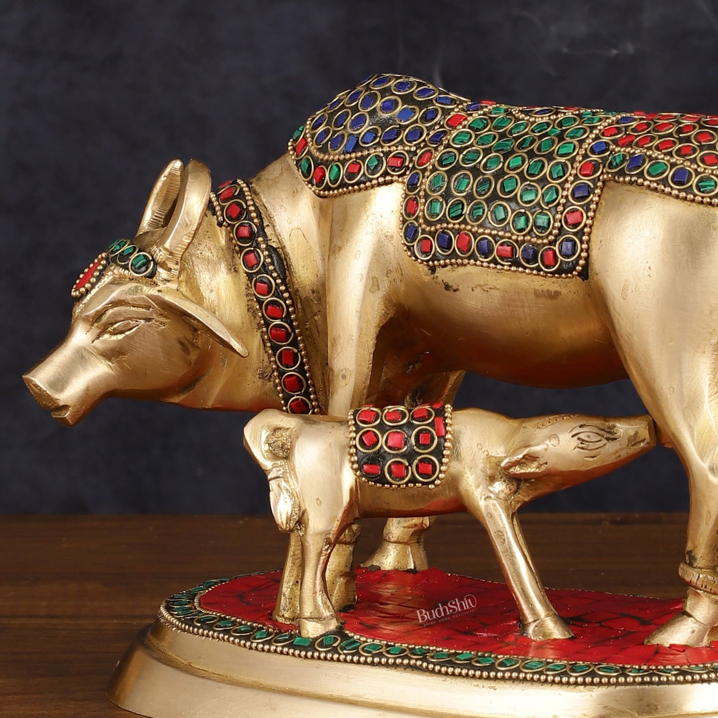Pure Brass Kamdhenu Cow with Calf Statue - Meenakari Stonework, 8" - Budhshiv.com