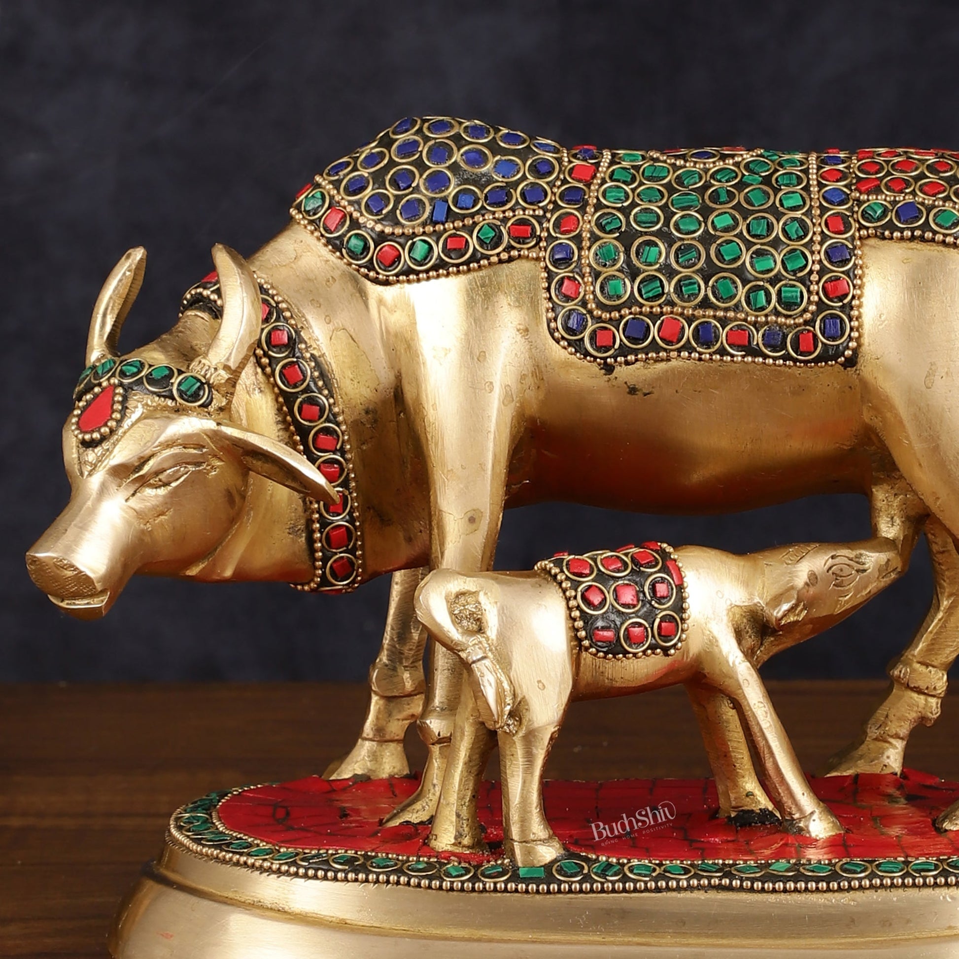 Pure Brass Kamdhenu Cow with Calf Statue - Meenakari Stonework, 8" - Budhshiv.com