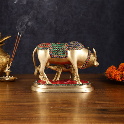 Pure Brass Kamdhenu Cow with Calf Statue - Meenakari Stonework, 8" - Budhshiv.com