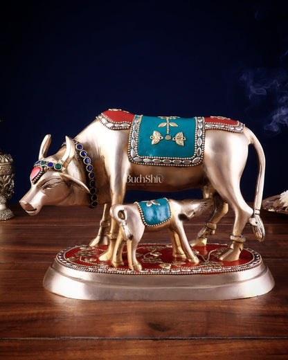 Pure Brass Kamdhenu Cow with Calf Statue - Meenakari Stonework, 8" - Budhshiv.com