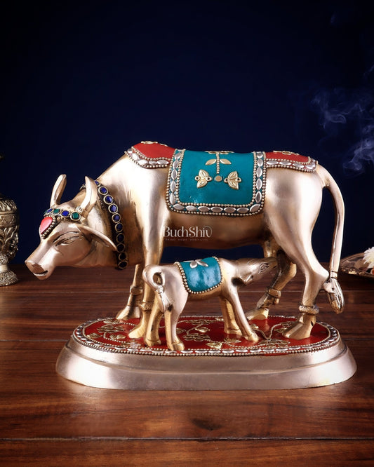 Pure Brass Kamdhenu Cow with Calf Statue - Meenakari Stonework, 8" - Budhshiv.com