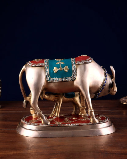 Pure Brass Kamdhenu Cow with Calf Statue - Meenakari Stonework, 8" - Budhshiv.com