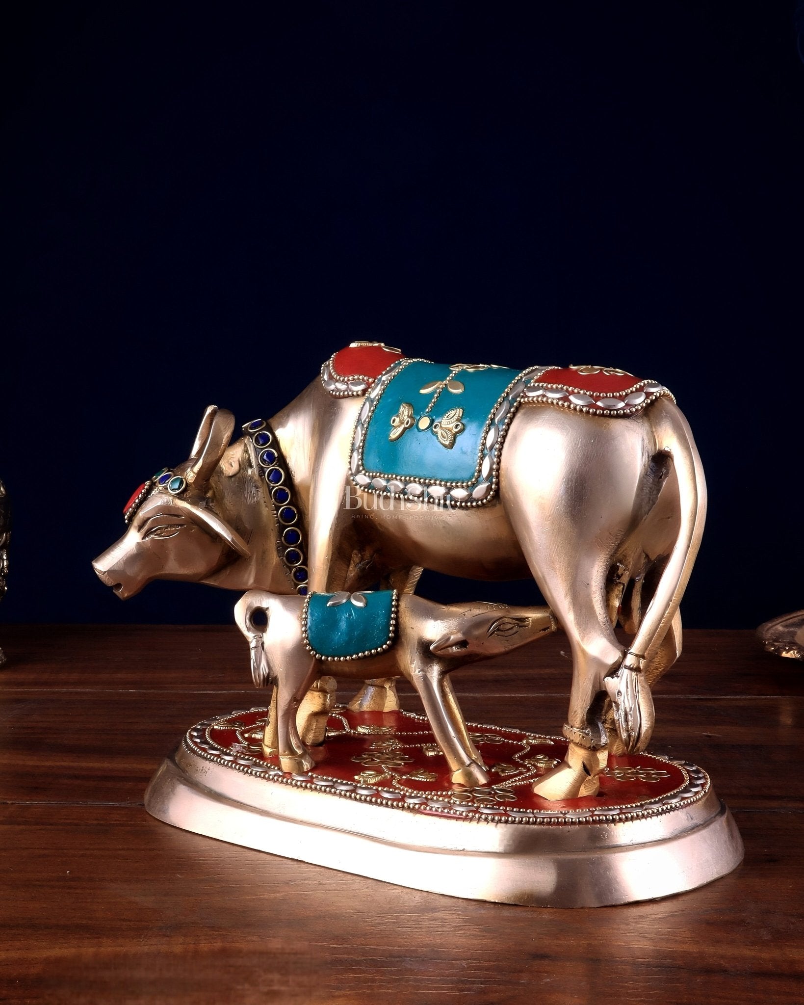 Pure Brass Kamdhenu Cow with Calf Statue - Meenakari Stonework, 8" - Budhshiv.com