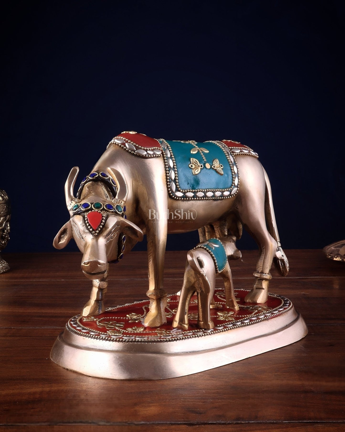 Pure Brass Kamdhenu Cow with Calf Statue - Meenakari Stonework, 8" - Budhshiv.com