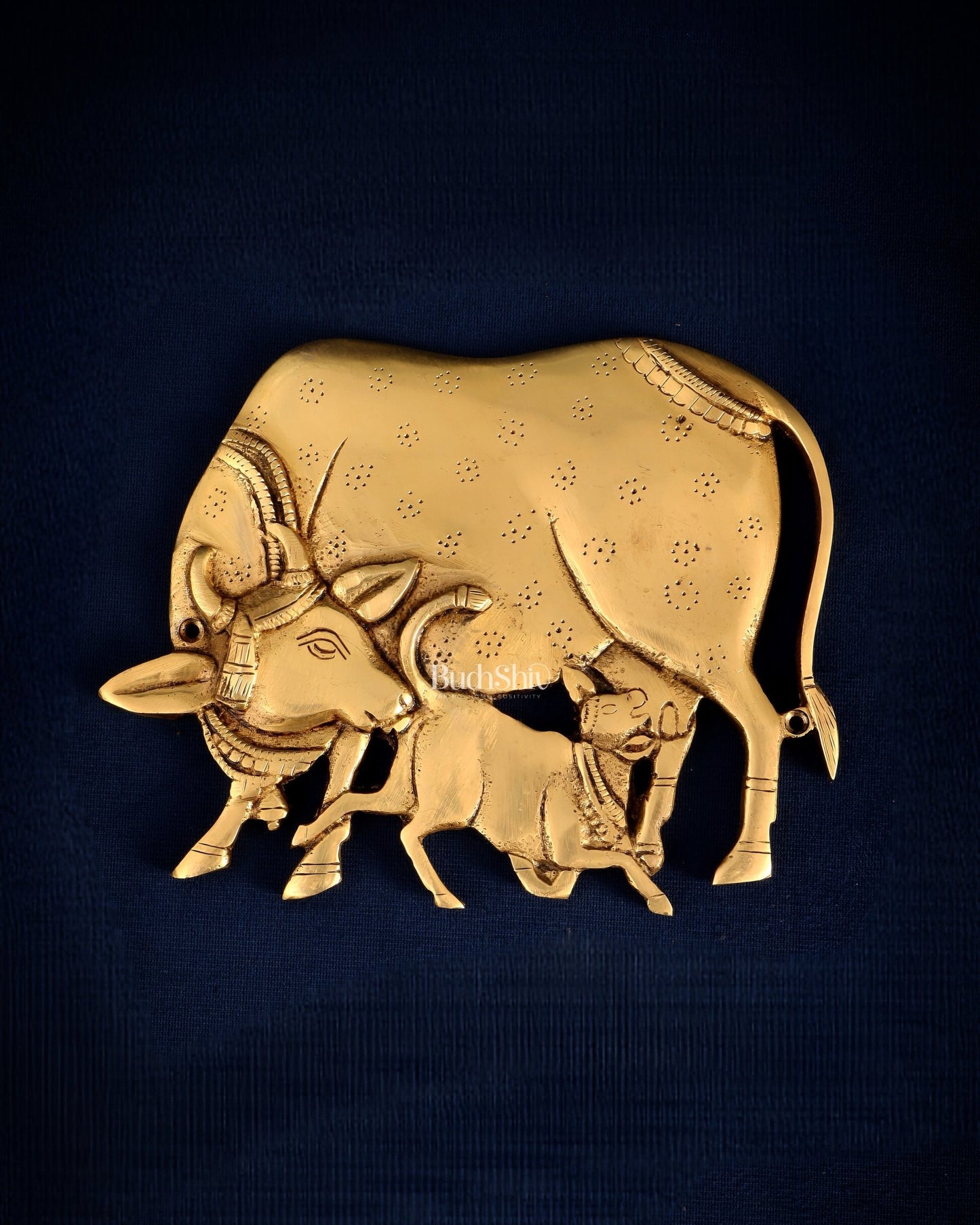 Pure Brass Kamdhenu Cow with Calf Wall Hanging – Superfine Carvings 7.5" - Budhshiv.com