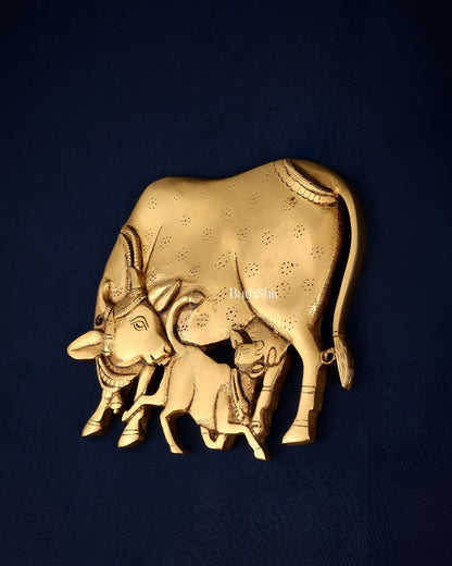 Pure Brass Kamdhenu Cow with Calf Wall Hanging – Superfine Carvings 7.5" - Budhshiv.com