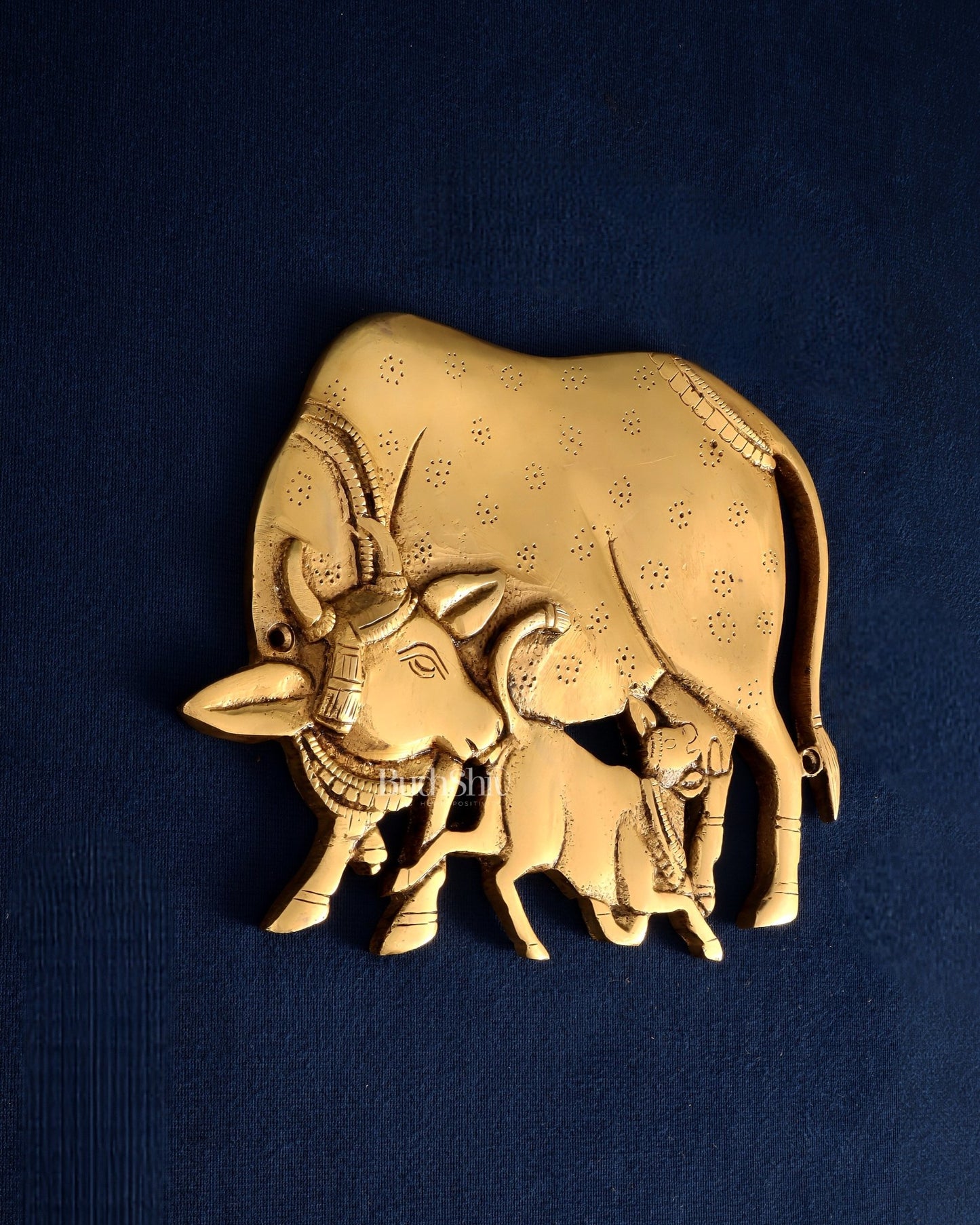 Pure Brass Kamdhenu Cow with Calf Wall Hanging – Superfine Carvings 7.5" - Budhshiv.com