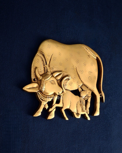 Pure Brass Kamdhenu Cow with Calf Wall Hanging – Superfine Carvings 7.5" - Budhshiv.com