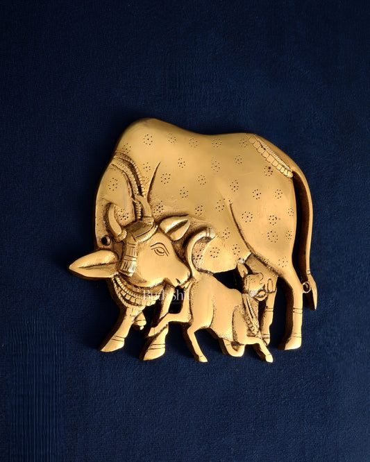Pure Brass Kamdhenu Cow with Calf Wall Hanging – Superfine Carvings 7.5" - Budhshiv.com