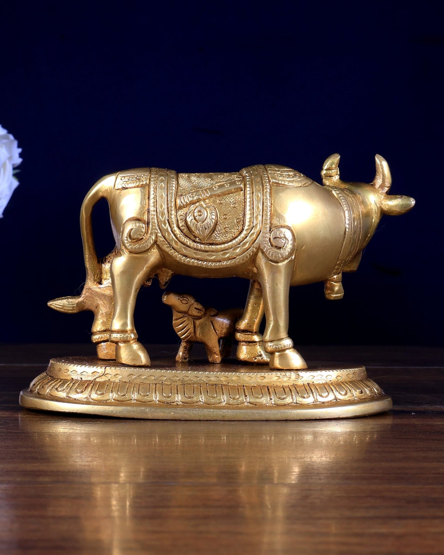 Pure Brass Kamdhenu Cow with Radha Krishna Carving 6 inch - Budhshiv.com