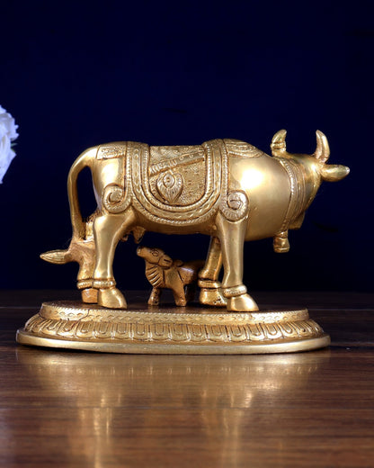 Pure Brass Kamdhenu Cow with Radha Krishna Carving 6 inch - Budhshiv.com