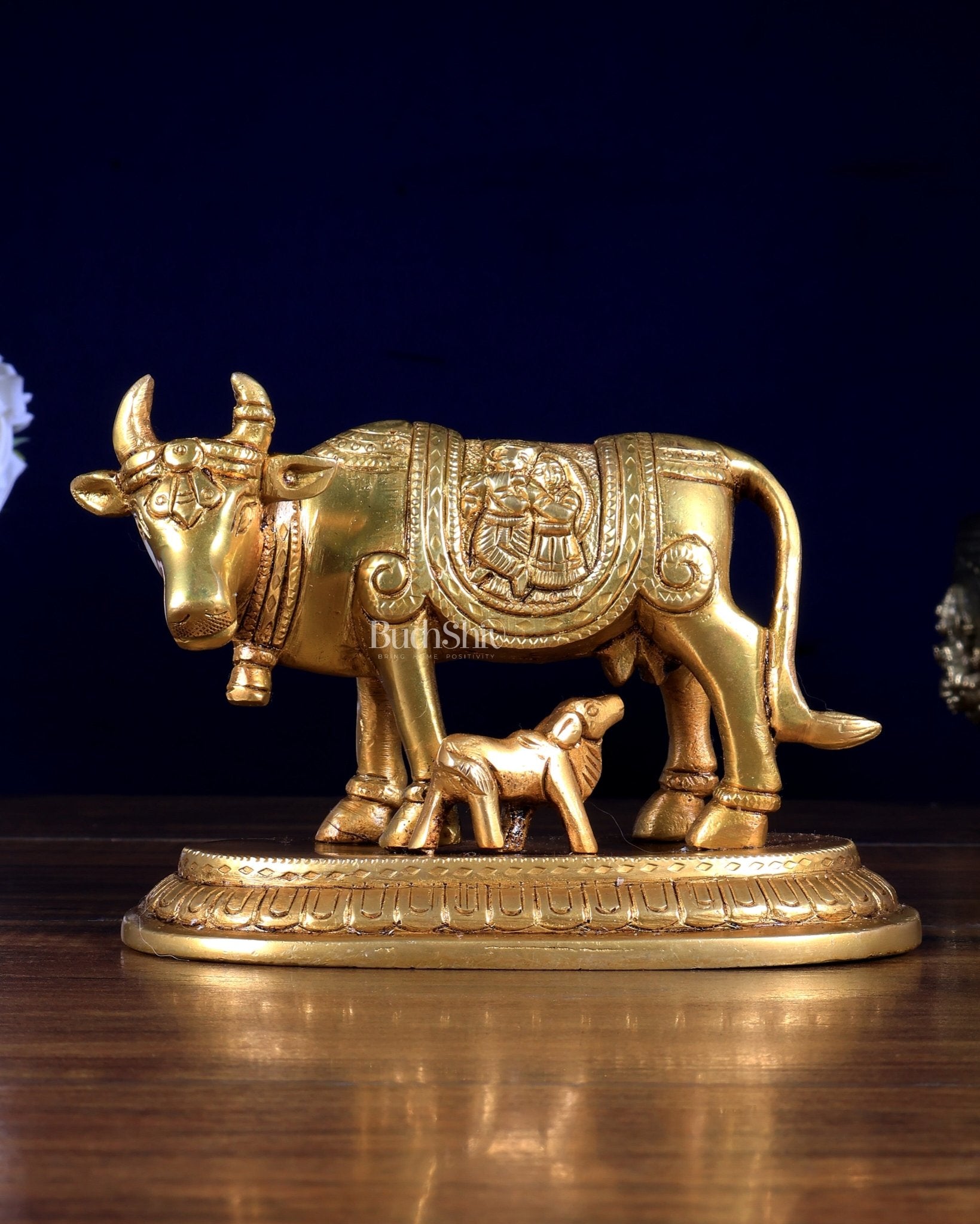 Pure Brass Kamdhenu Cow with Radha Krishna Carving 6 inch - Budhshiv.com