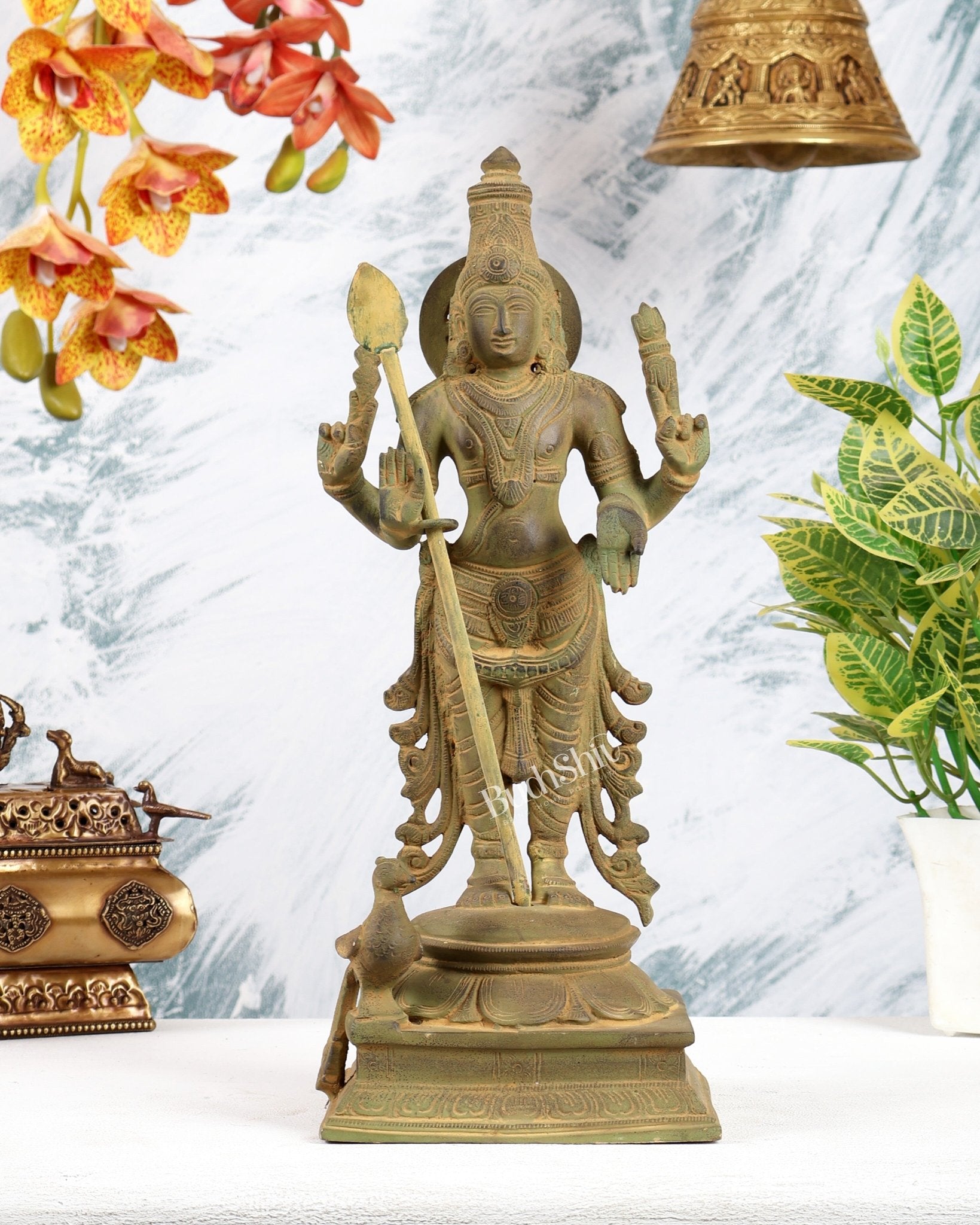 Pure Brass Kartikeya Murugan Swamy Statue – 14” Green patina - Budhshiv.com