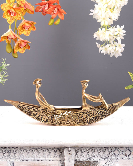 Pure Brass Kerala Backwaters Boat Showpiece – Rider & Passenger Decorative Sculpture (12.2 Inches) - Budhshiv.com