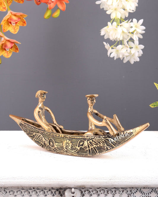 Pure Brass Kerala Backwaters Boat Showpiece – Rider & Passenger Decorative Sculpture (12.2 Inches) - Budhshiv.com