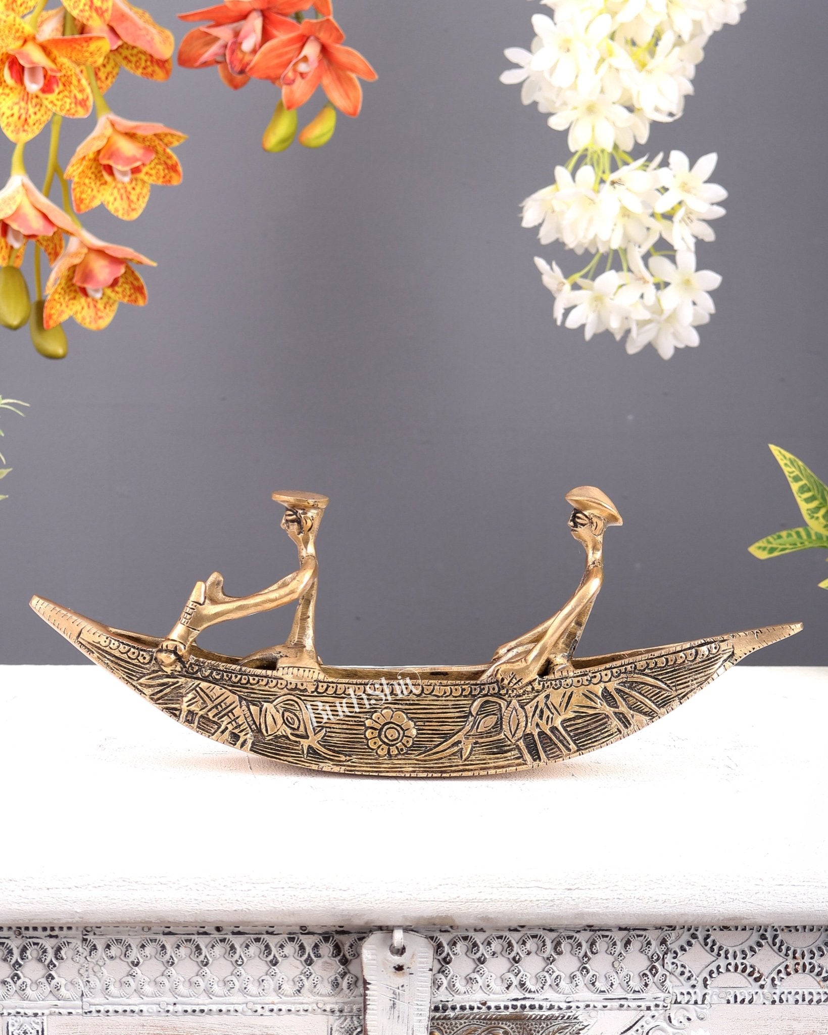Pure Brass Kerala Backwaters Boat Showpiece – Rider & Passenger Decorative Sculpture (12.2 Inches) - Budhshiv.com