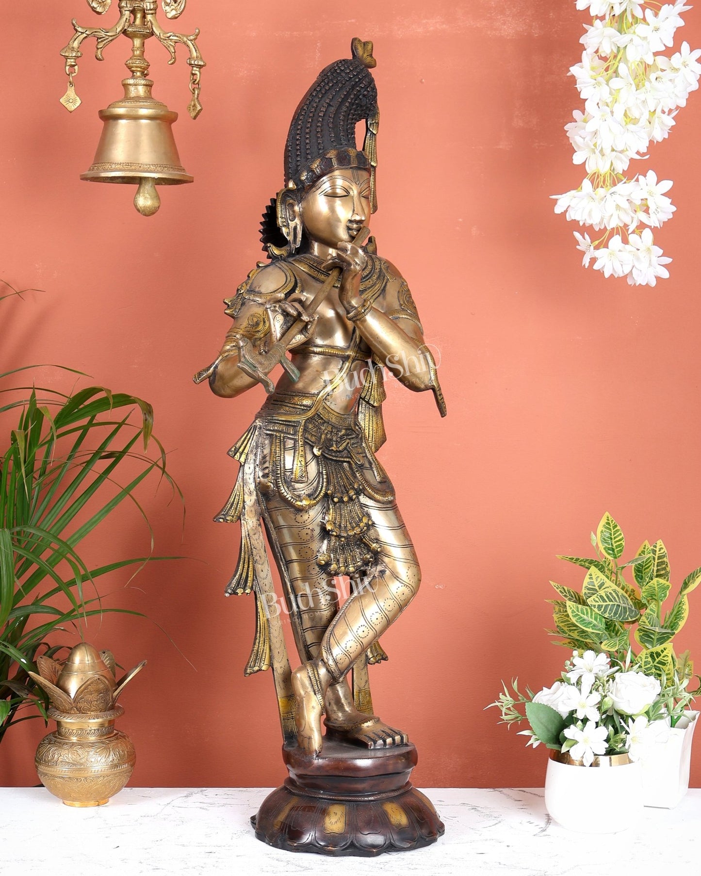 Pure Brass Kerala - Style Krishna Statue with Unique Crown – Three - Tone Finish 32 Inch - Budhshiv.com