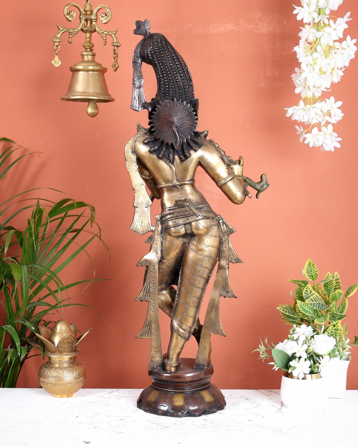Pure Brass Kerala - Style Krishna Statue with Unique Crown – Three - Tone Finish 32 Inch - Budhshiv.com