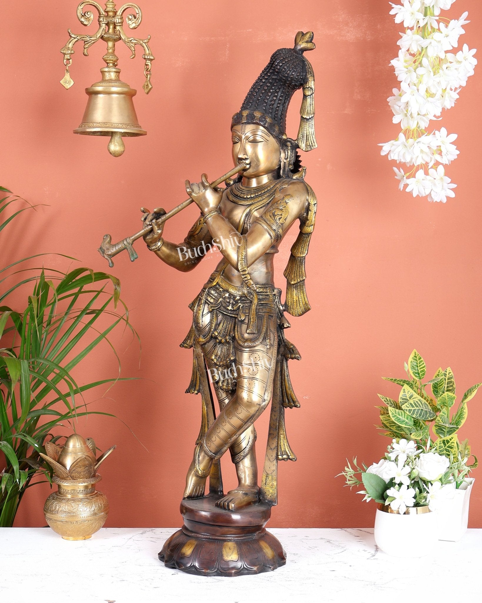 Pure Brass Kerala - Style Krishna Statue with Unique Crown – Three - Tone Finish 32 Inch - Budhshiv.com