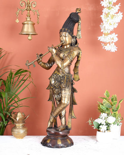 Pure Brass Kerala - Style Krishna Statue with Unique Crown – Three - Tone Finish 32 Inch - Budhshiv.com