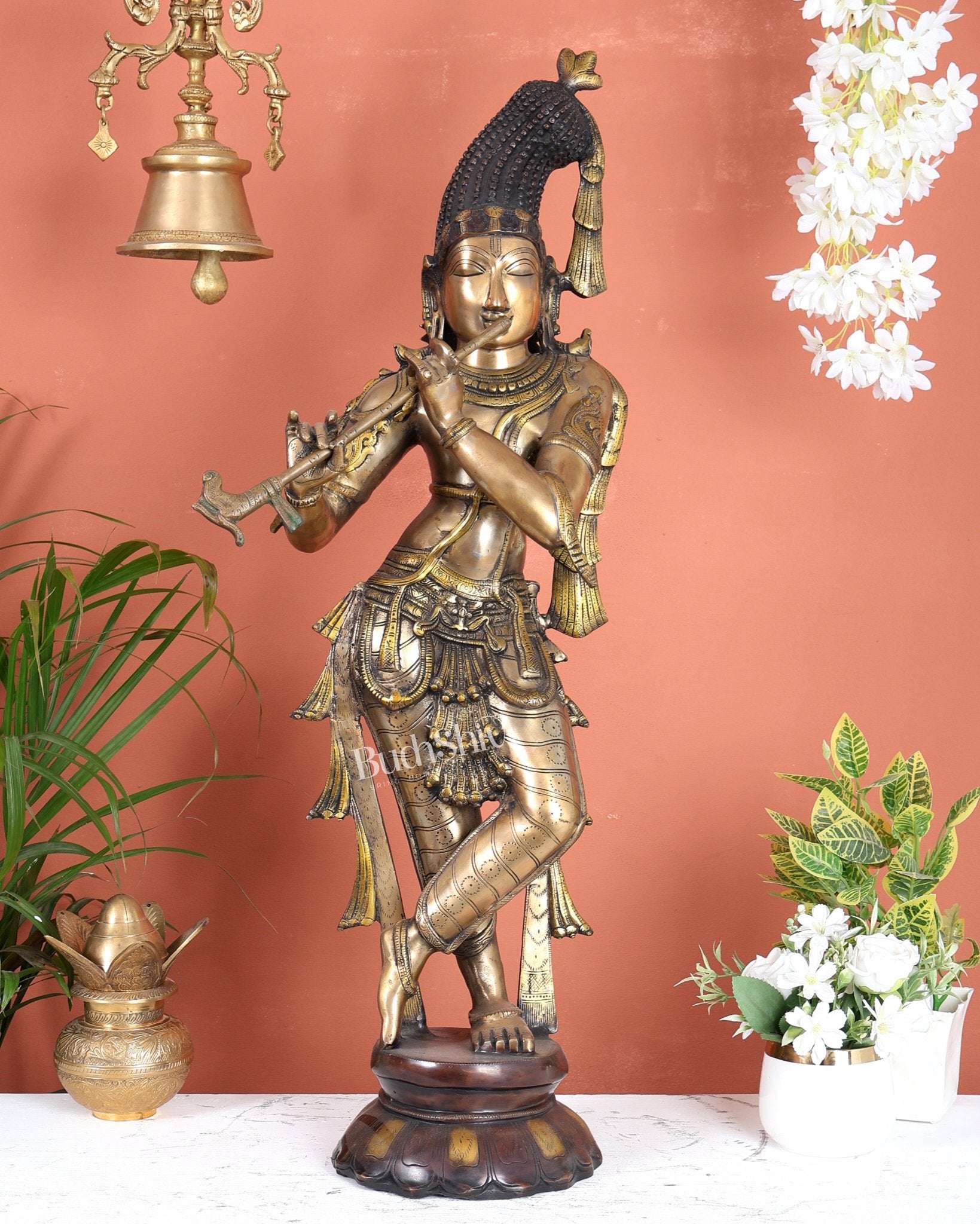 Pure Brass Kerala - Style Krishna Statue with Unique Crown – Three - Tone Finish 32 Inch - Budhshiv.com
