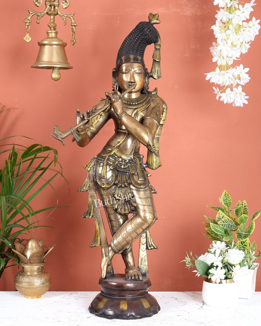 Pure Brass Kerala - Style Krishna Statue with Unique Crown – Three - Tone Finish 32 Inch - Budhshiv.com