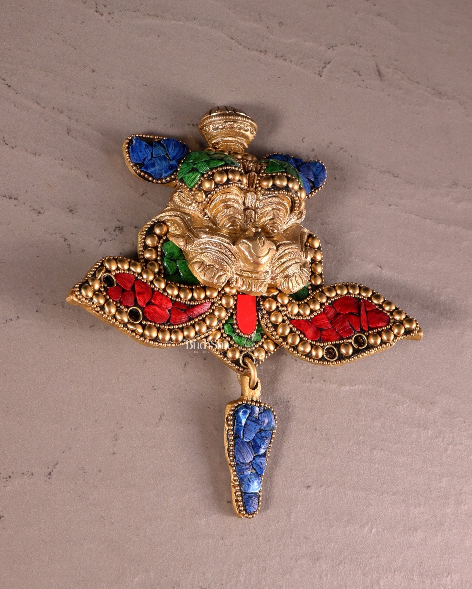 Pure Brass Kirtimukha Yali Wall Hanging - 6" Height, 8" Width meenakari - Budhshiv.com