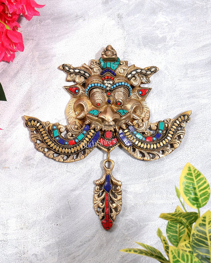 Pure Brass Kirtimukha Yali Wall Hanging with ganesha - 11 inch with Stonework - Budhshiv.com