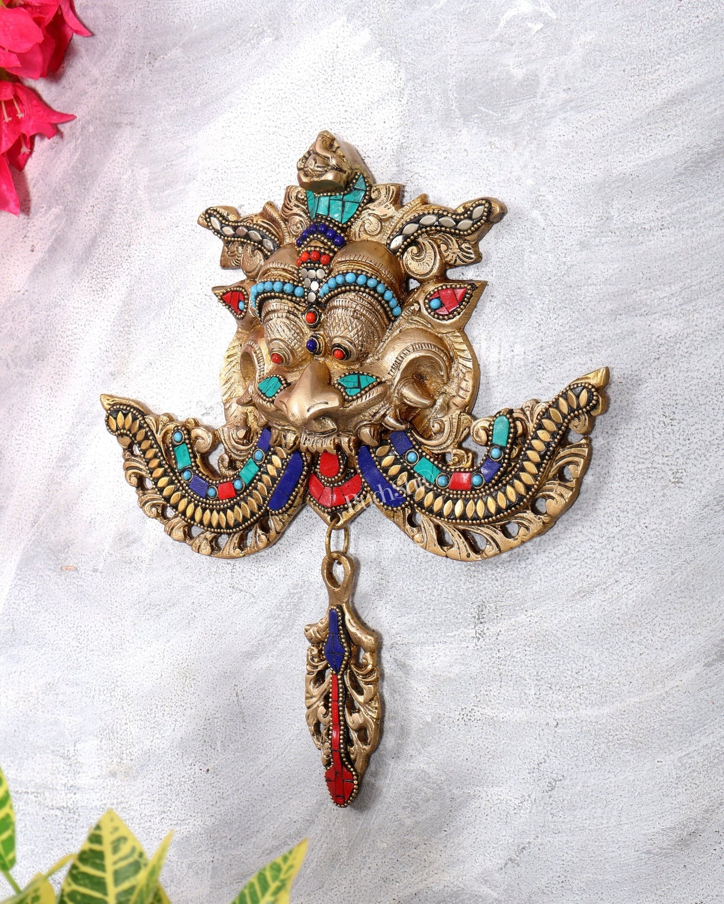 Pure Brass Kirtimukha Yali Wall Hanging with ganesha - 11 inch with Stonework - Budhshiv.com