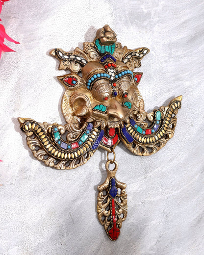 Pure Brass Kirtimukha Yali Wall Hanging with ganesha - 11 inch with Stonework - Budhshiv.com